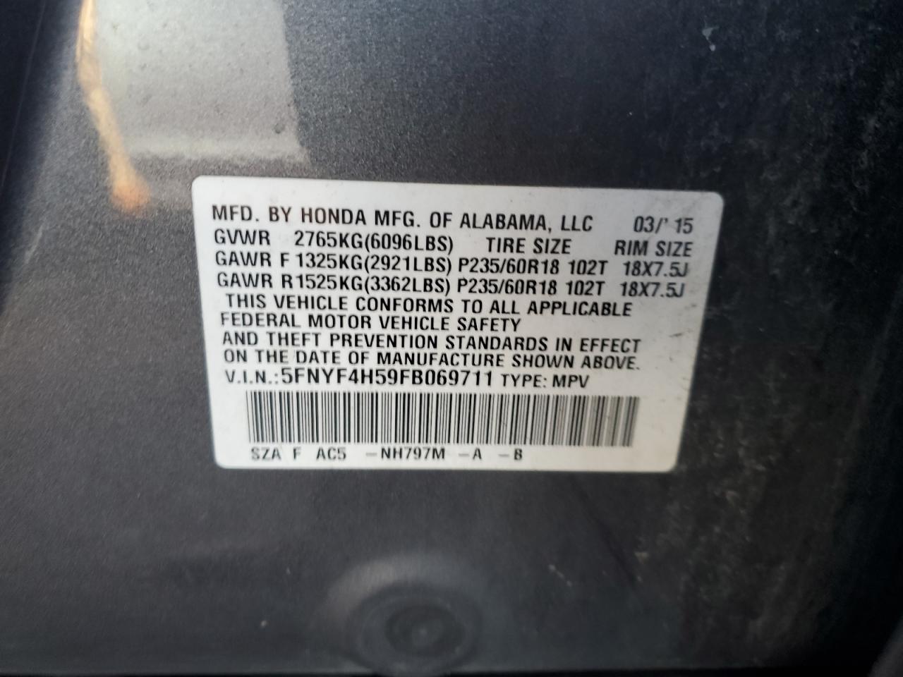 2015 Honda Pilot VIN 5FNYF4H59FB069711 Copart auction photo, front end damage thumbnail 13