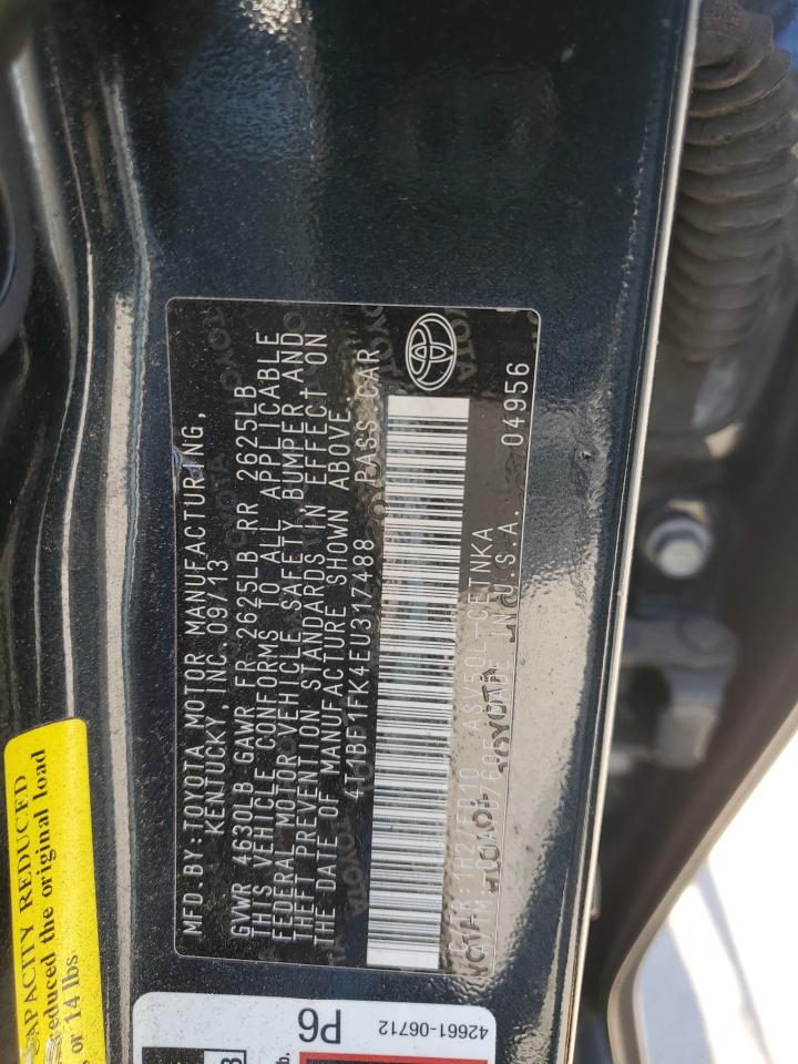 2014 Toyota Camry VIN 4T1BF1FK4EU317488 Copart auction photo, front end / rear end damage thumbnail 12