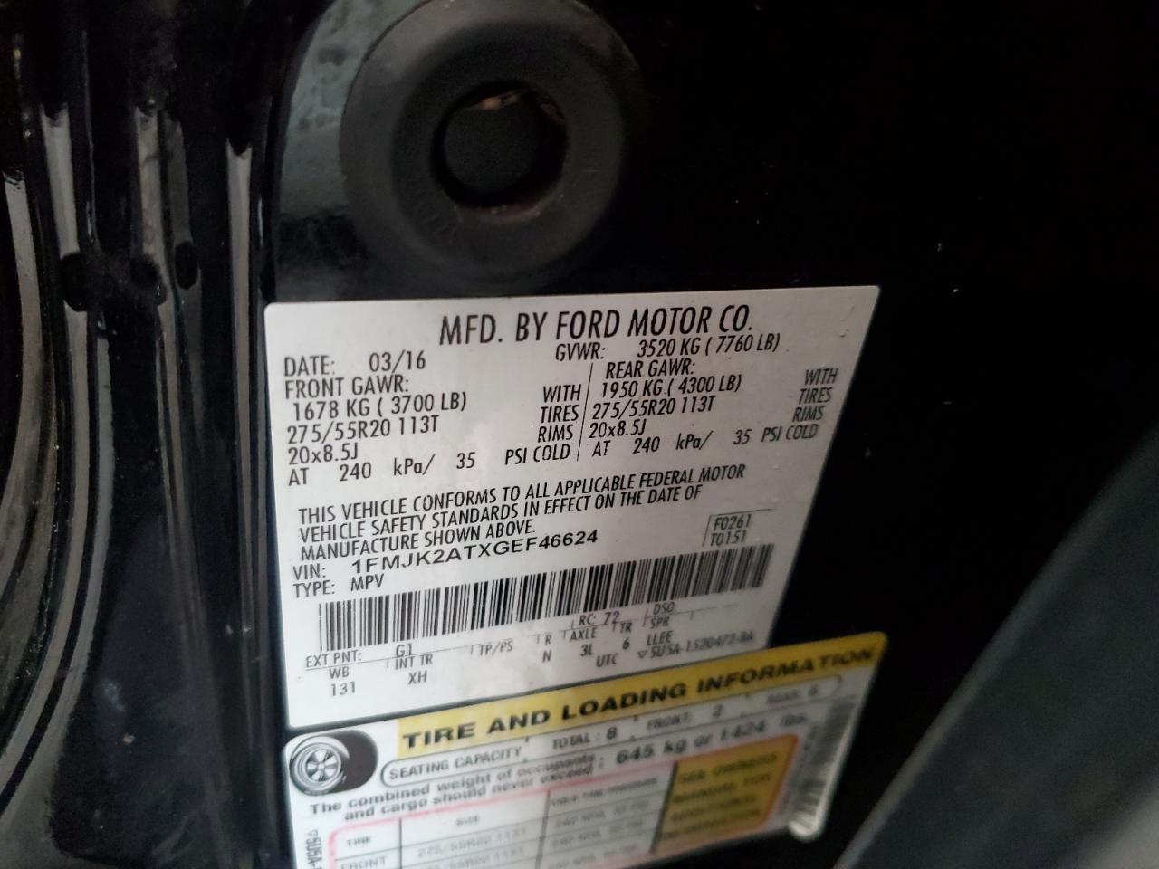 2016 Ford Expedition VIN 1FMJK2ATXGEF46624 Copart auction photo, water/flood damage thumbnail 14