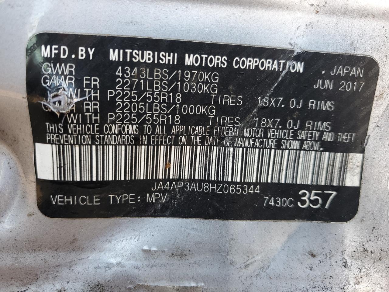 2017 Mitsubishi Outlander VIN JA4AP3AU8HZ065344 Copart auction photo, side damage thumbnail 13