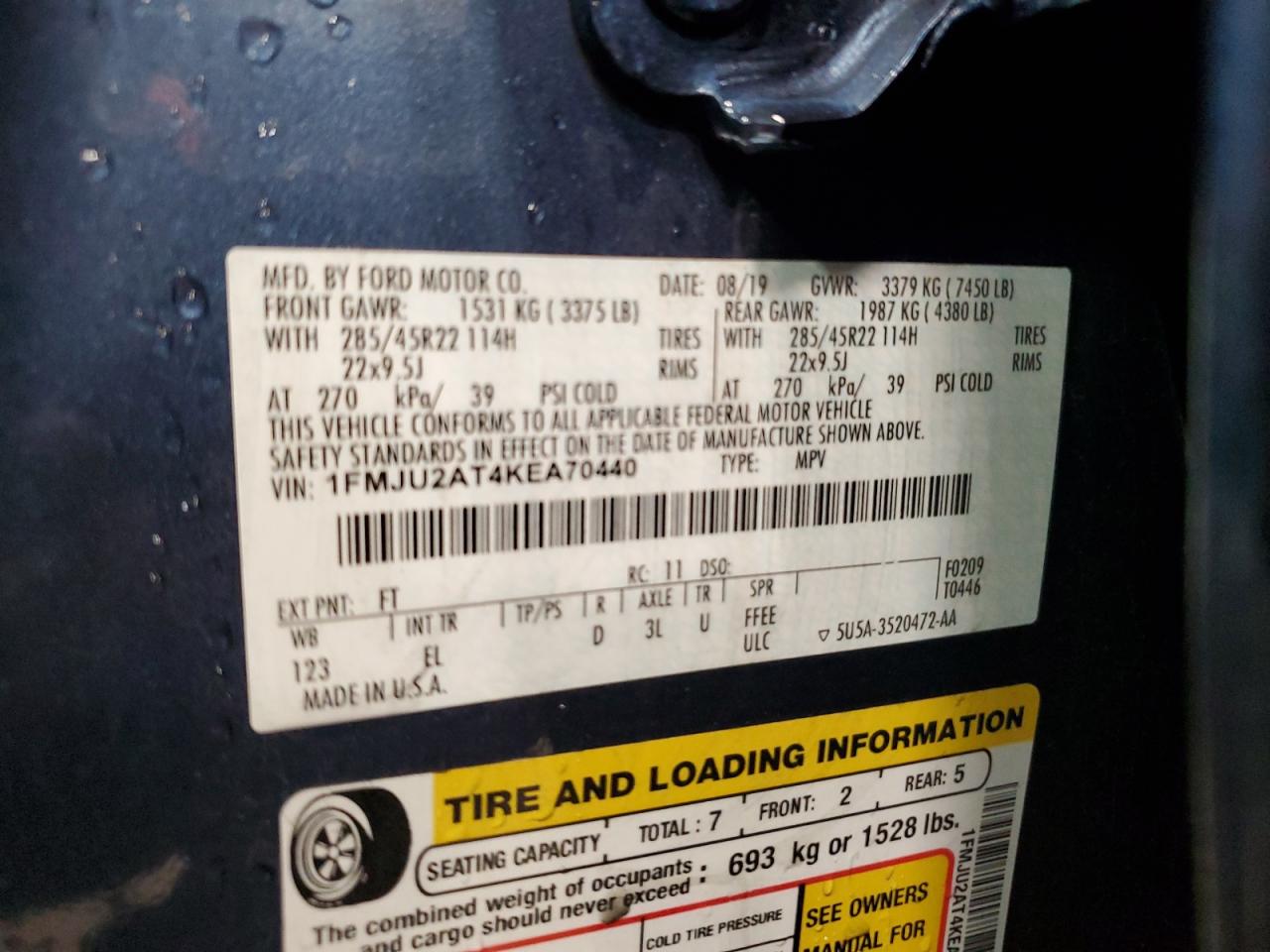 2019 Ford Expedition VIN 1FMJU2AT4KEA70440 Copart auction photo, side / front end damage thumbnail 13