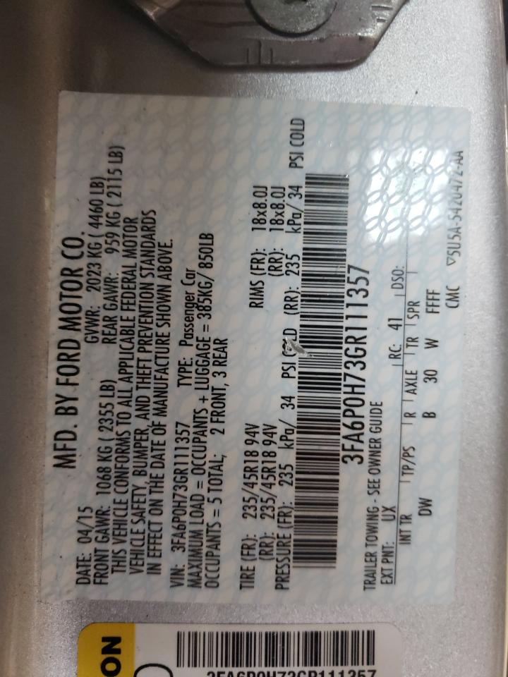 2016 Ford Fusion VIN 3FA6P0H73GR111357 Copart auction photo, side / rear end damage thumbnail 12