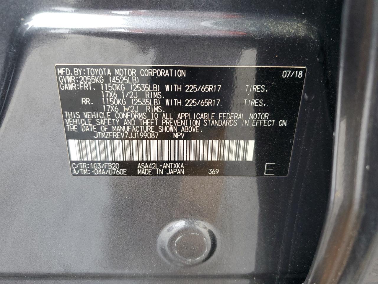 2018 Toyota RAV 4 VIN JTMZFREV7JJ199087 Copart auction photo, minor dent/scratches damage thumbnail 13