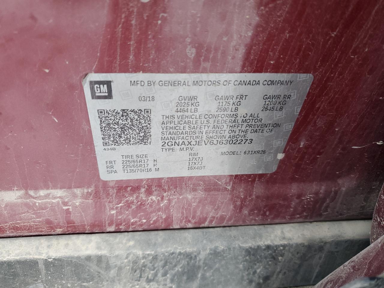 2018 Chevrolet Equinox VIN 2GNAXJEV6J6302273 Copart auction photo, front end damage thumbnail 14
