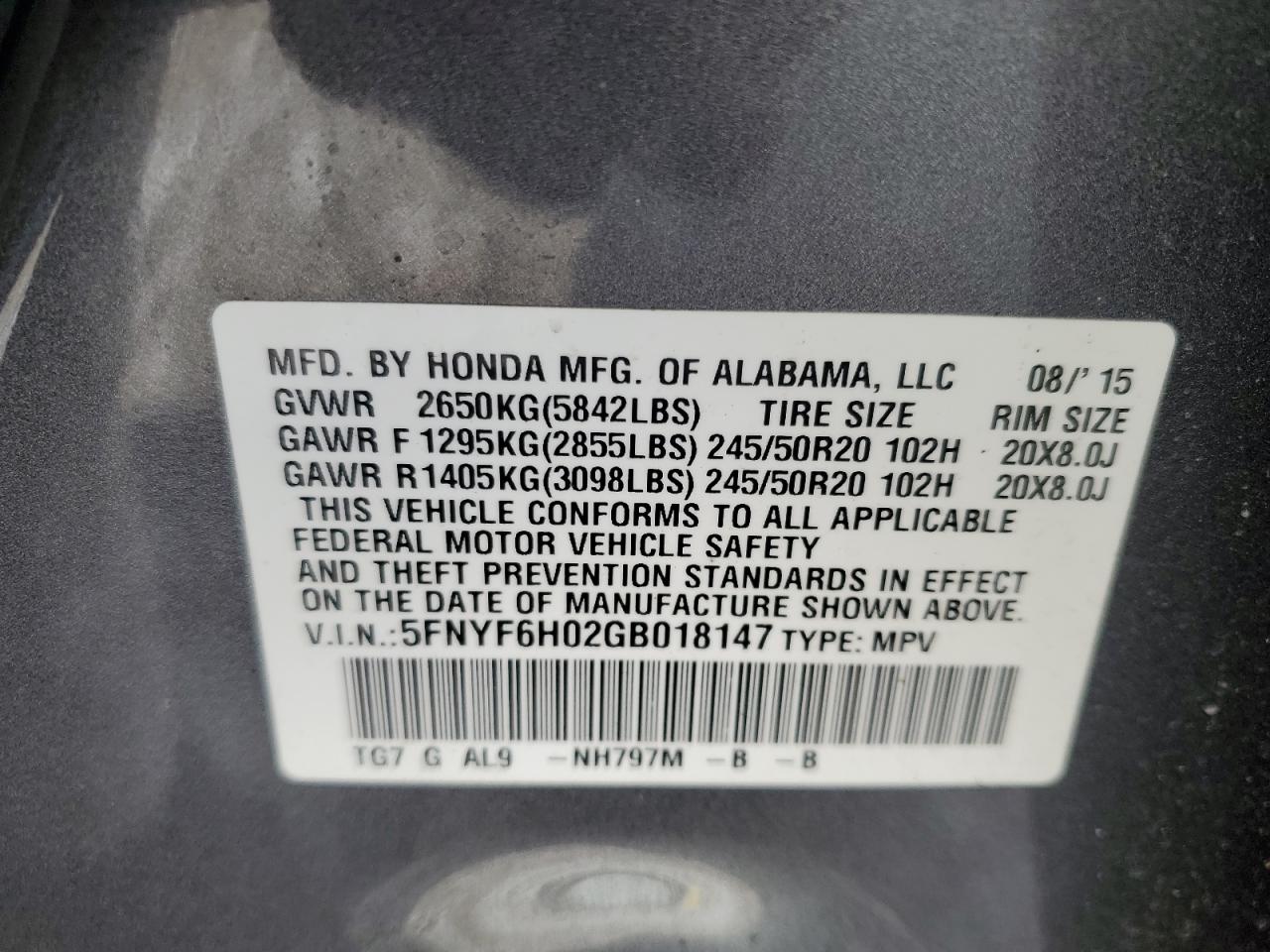 2016 Honda Pilot VIN 5FNYF6H02GB018147 Copart auction photo, side damage thumbnail 13