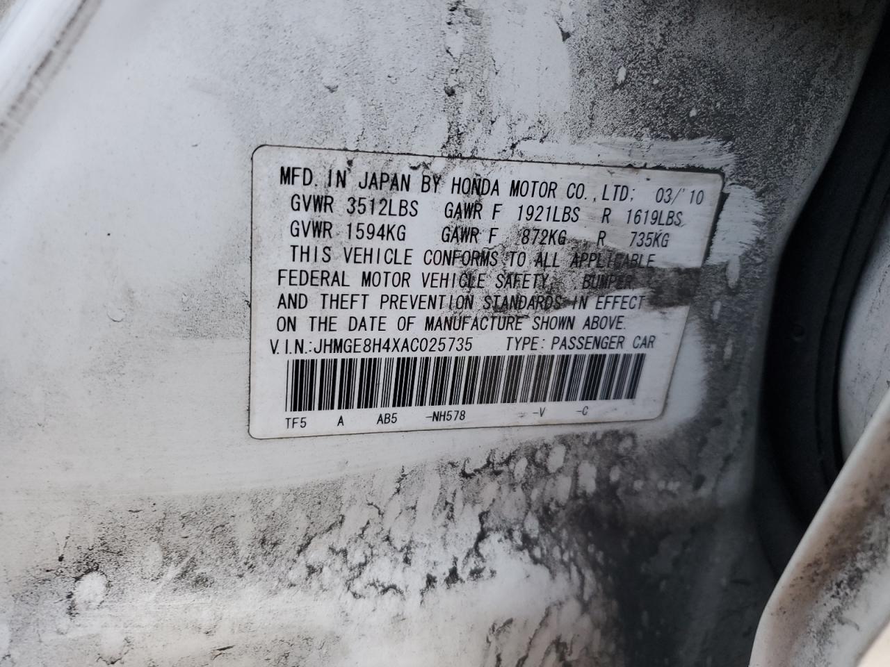 2010 Honda Fit VIN JHMGE8H4XAC025735 Copart auction photo, front end damage thumbnail 12