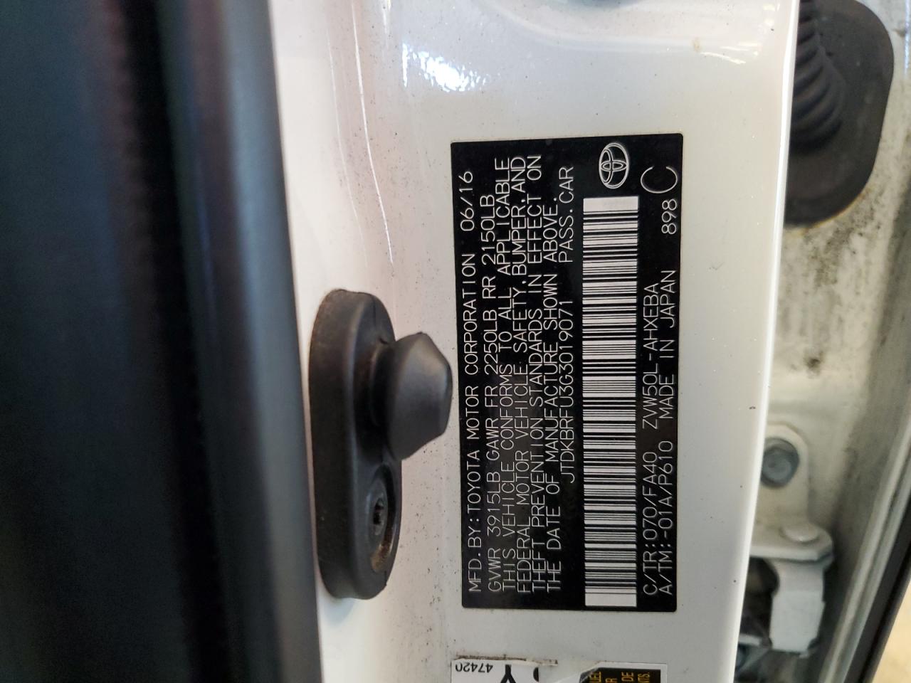 2016 Toyota Prius VIN JTDKBRFU3G3019071 Copart auction photo, mechanical damage thumbnail 12