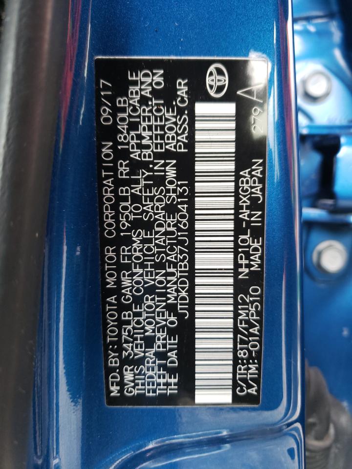 2018 Toyota Prius VIN JTDKDTB37J1604131 Copart auction photo, rear end damage thumbnail 12