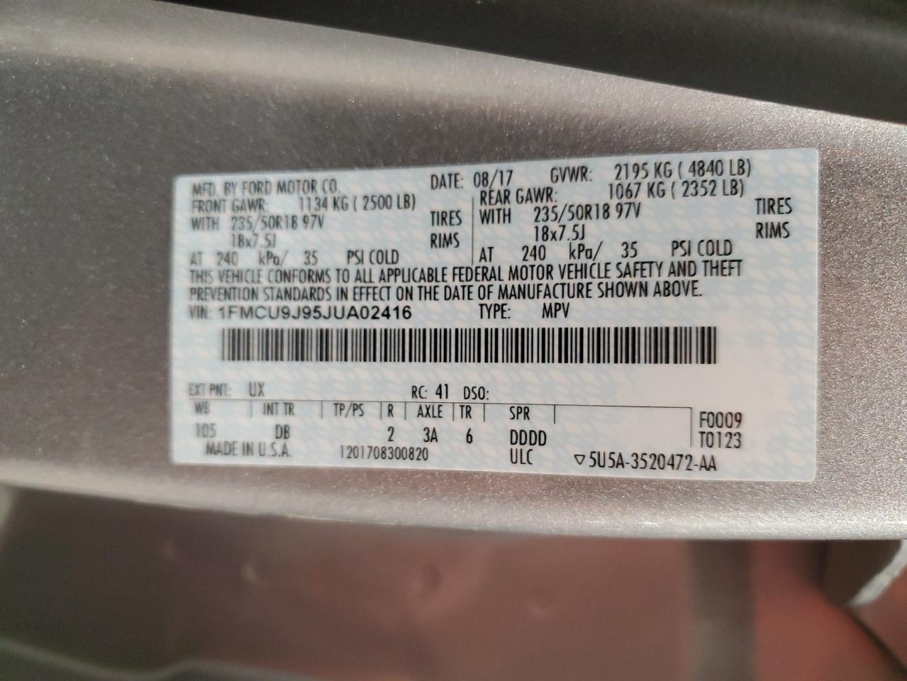 2018 Ford Escape VIN 1FMCU9J95JUA02416 Copart auction photo, front end damage thumbnail 14