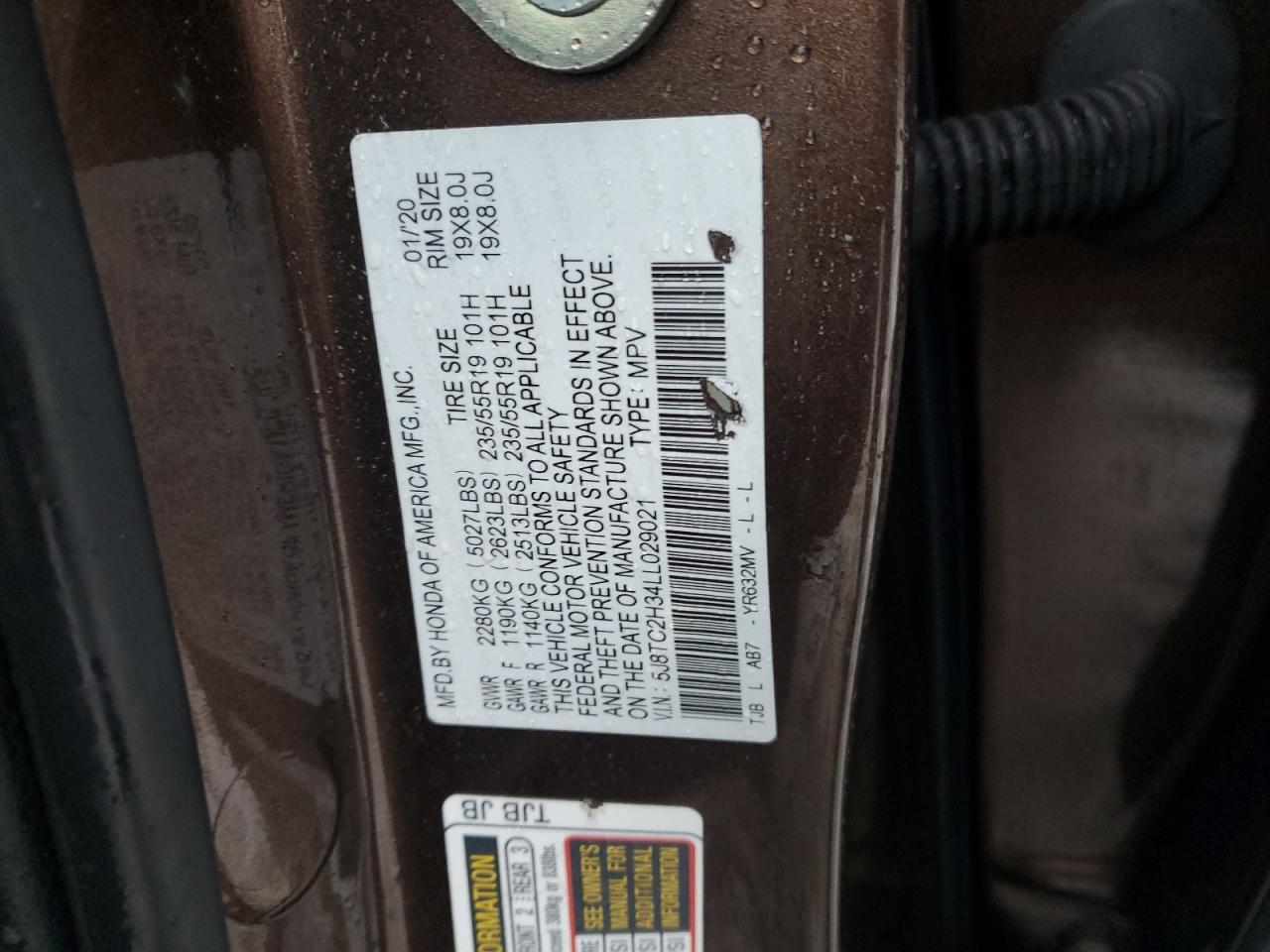 2020 Acura RDX VIN 5J8TC2H34LL029021 Copart auction photo, side damage thumbnail 15