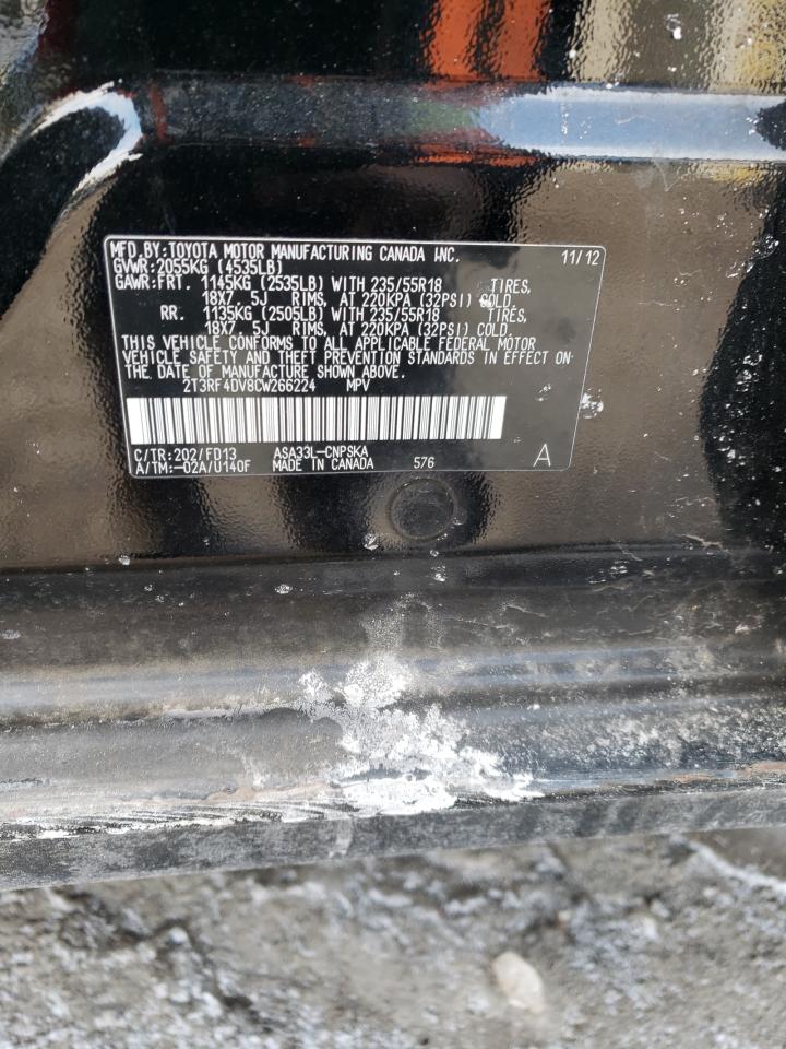 2012 Toyota RAV 4 VIN 2T3RF4DV8CW266224 Copart auction photo, rear end / minor dent/scratches damage thumbnail 13