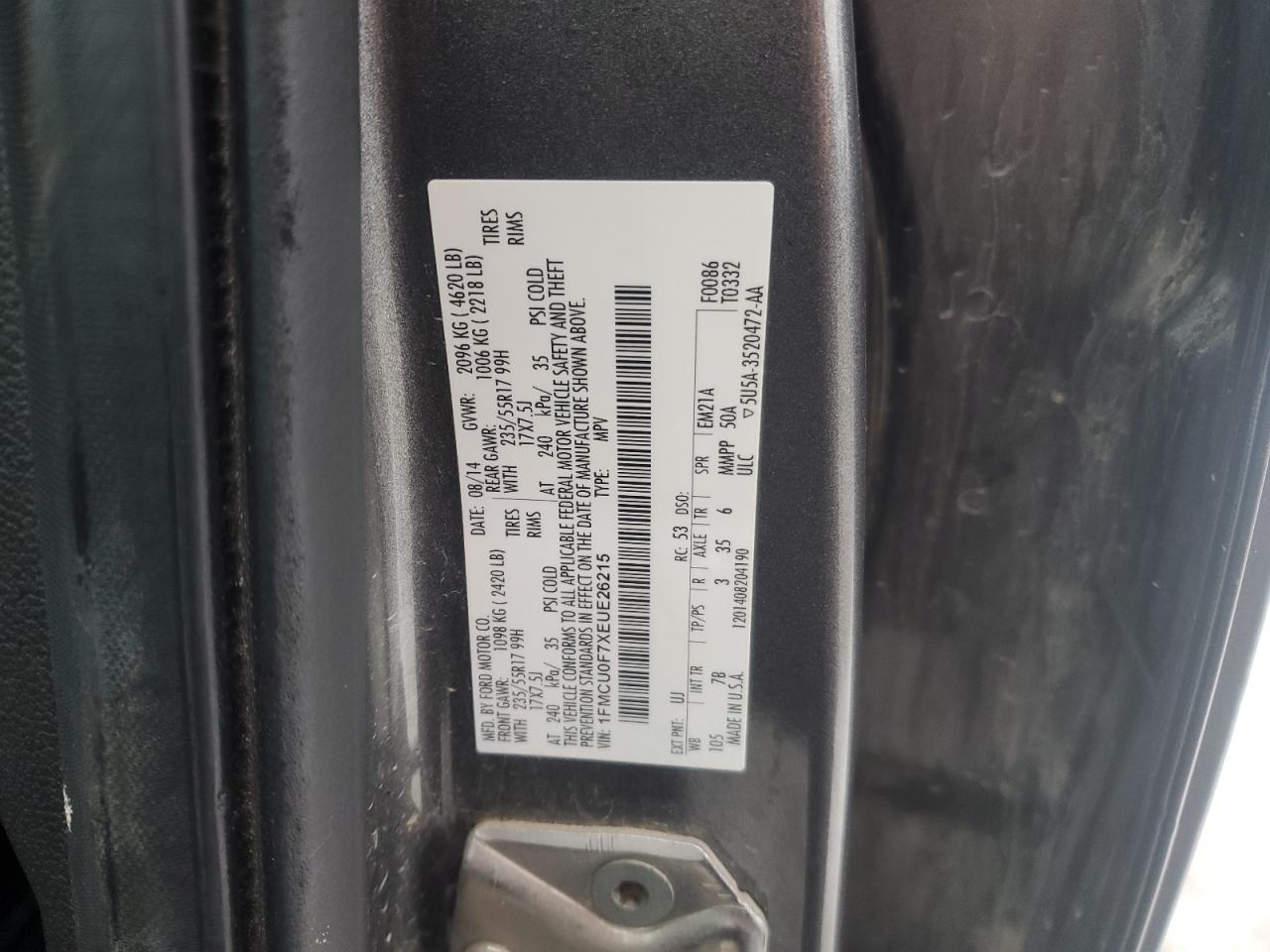 2014 Ford Escape VIN 1FMCU0F7XEUE26215 Copart auction photo, all over damage thumbnail 13
