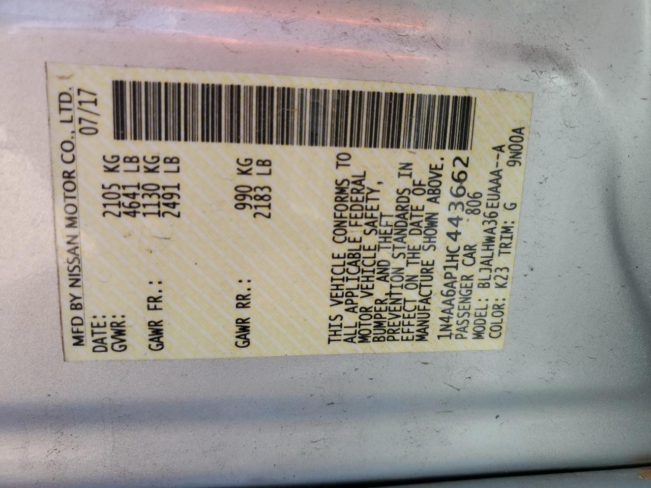 2017 Nissan Maxima VIN 1N4AA6AP1HC443662 Copart auction photo, front end damage thumbnail 13