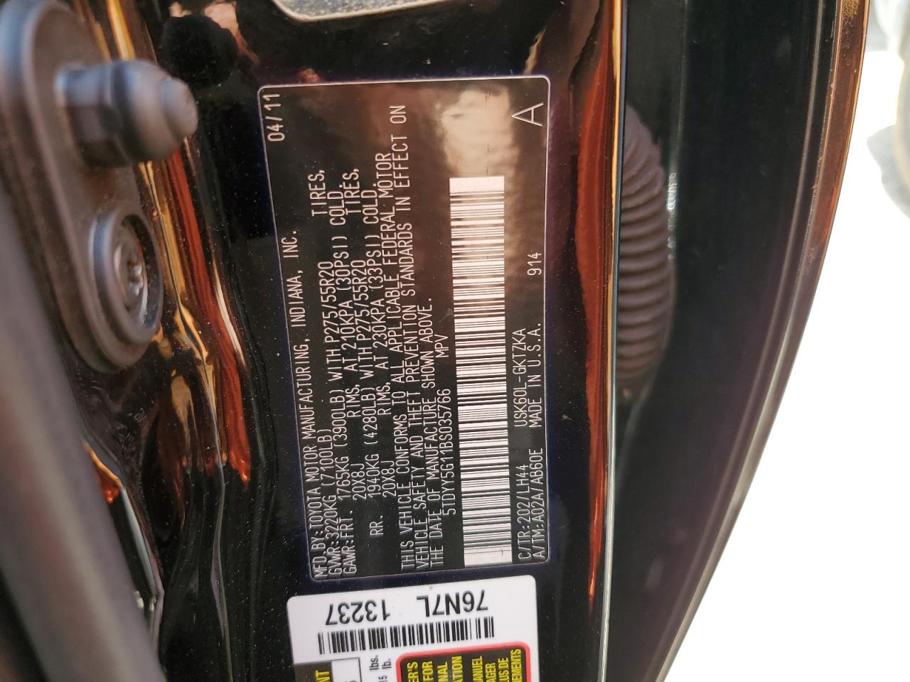 2011 Toyota Sequoia VIN 5TDYY5G11BS035766 Copart auction photo, front end damage thumbnail 12
