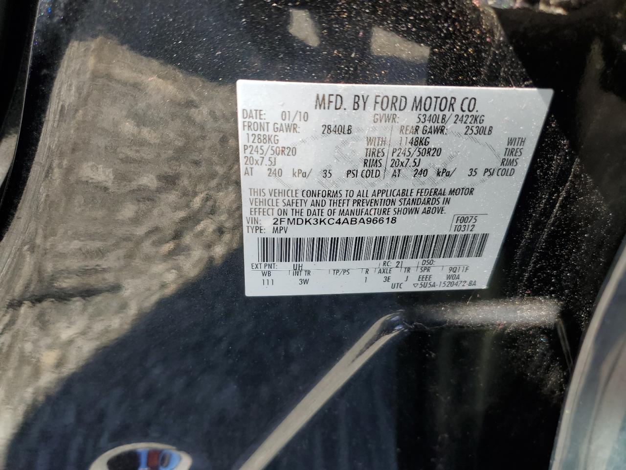 2010 Ford Edge VIN 2FMDK3KC4ABA96618 Copart auction photo, side / front end damage thumbnail 13