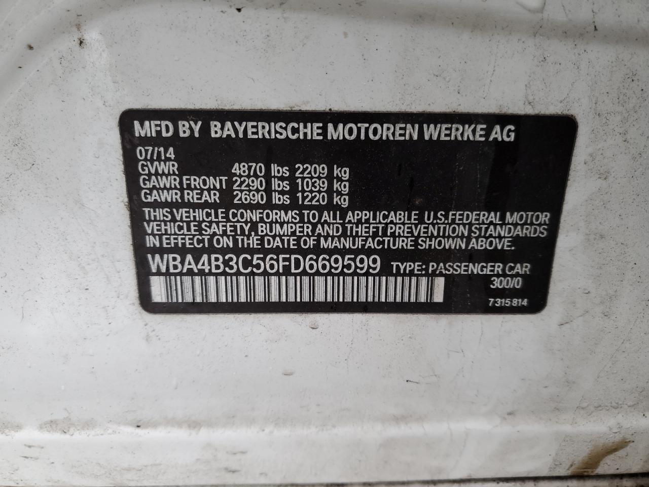 2015 BMW 4er VIN WBA4B3C56FD669599 Copart auction photo, front end damage thumbnail 12