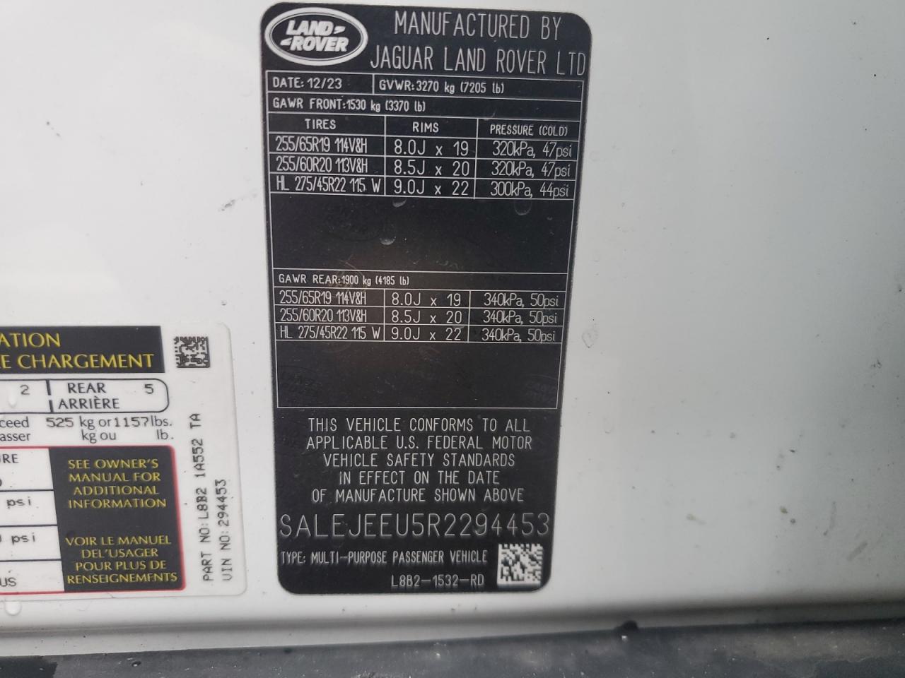 2024 Land Rover Defender VIN SALEJEEU5R2294453 Copart auction photo, burn - engine damage thumbnail 13