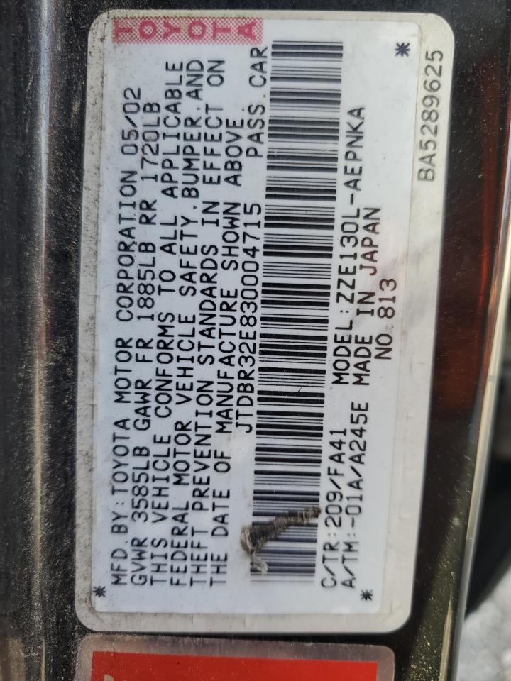 2003 Toyota Corolla VIN JTDBR32E830004715 Copart auction photo, side / front end damage thumbnail 12