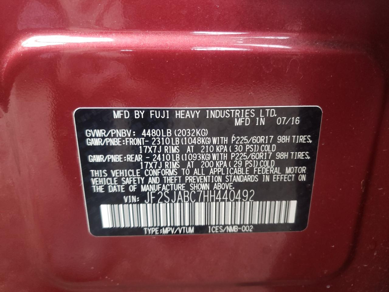 2017 Subaru Forester VIN JF2SJABC7HH440492 Copart auction photo, rear end / minor dent/scratches damage thumbnail 13