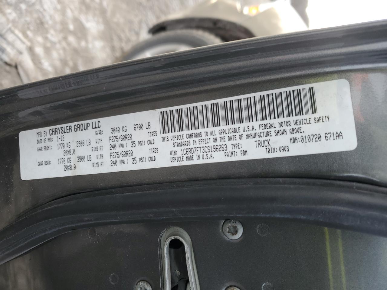2012 Dodge RAM VIN 1C6RD7FT3CS196263 Copart auction photo, front end damage thumbnail 12