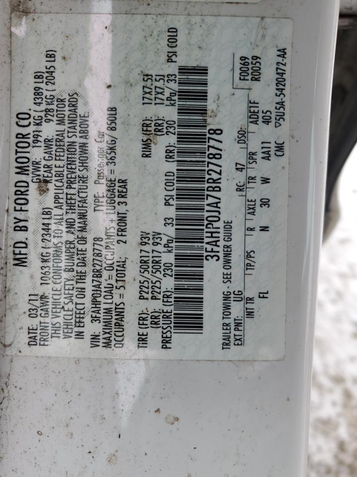 2011 Ford Fusion VIN 3FAHP0JA7BR278778 Copart auction photo, front end damage thumbnail 13