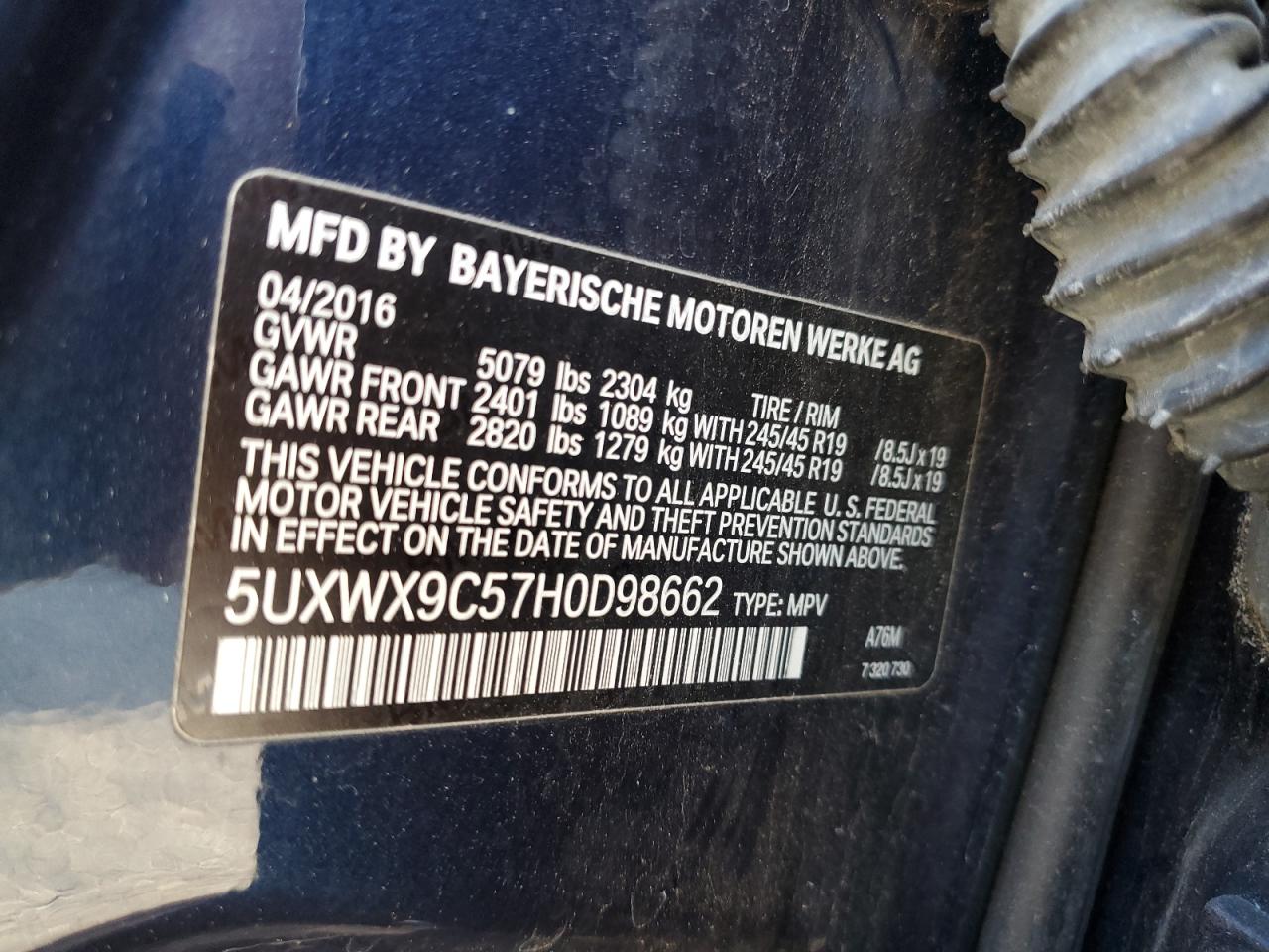 2017 BMW X3 VIN 5UXWX9C57H0D98662 Copart auction photo, rear end / minor dent/scratches damage thumbnail 13