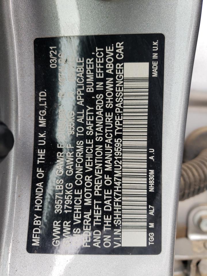 2021 Honda Civic VIN SHHFK7H47MU219595 Copart auction photo, side damage thumbnail 14