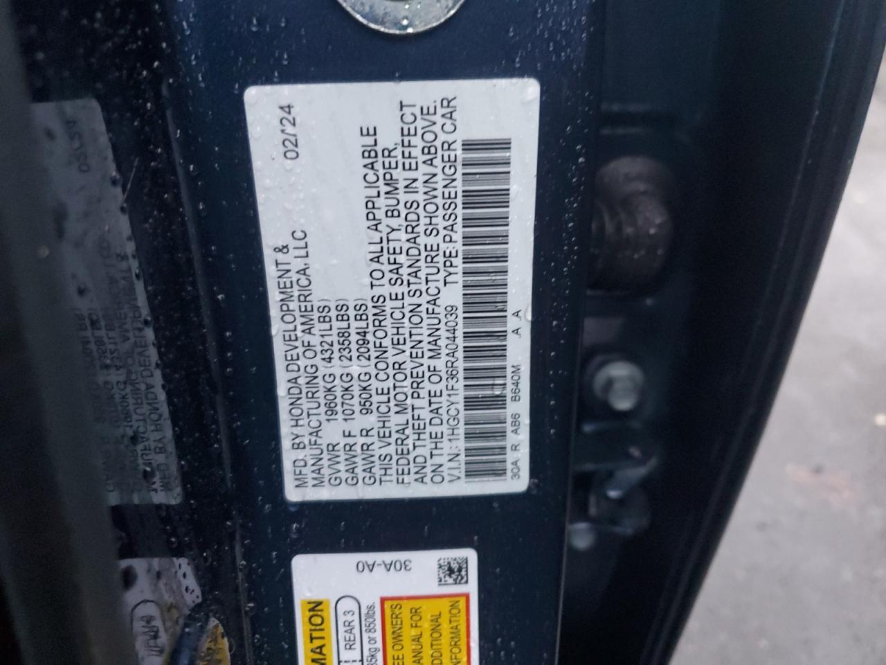 2024 Honda Accord VIN 1HGCY1F36RA044039 Copart auction photo, front end damage thumbnail 12