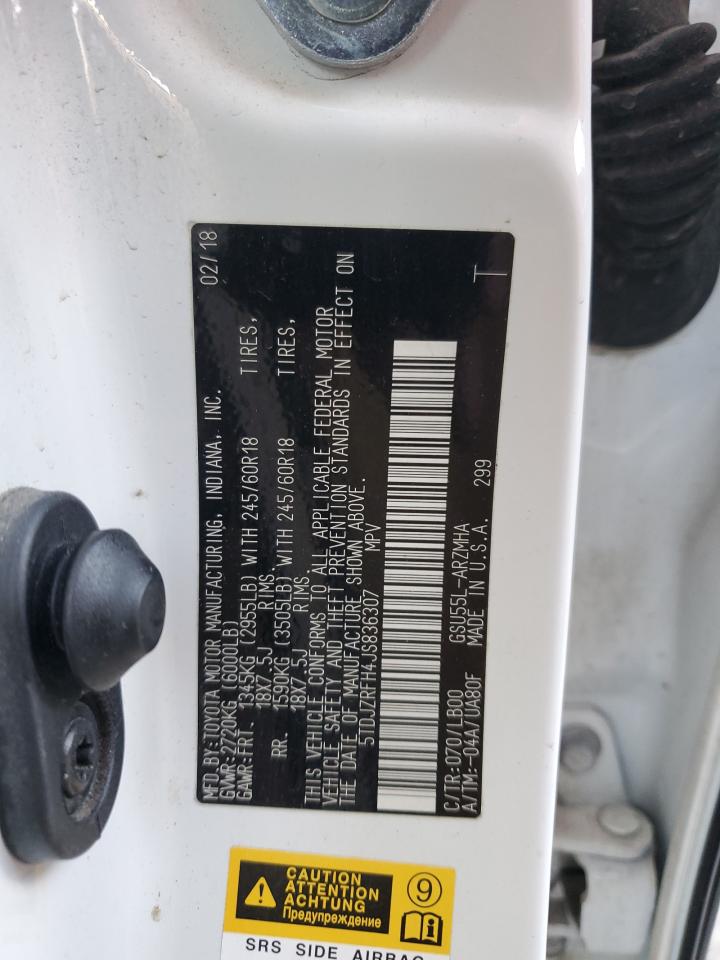 2018 Toyota Highlander VIN 5TDJZRFH4JS836307 Copart auction photo, front end / frame damage damage thumbnail 13