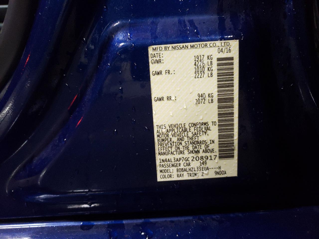 2016 Nissan Altima VIN 1N4AL3AP7GC208917 Copart auction photo, rear end damage thumbnail 12
