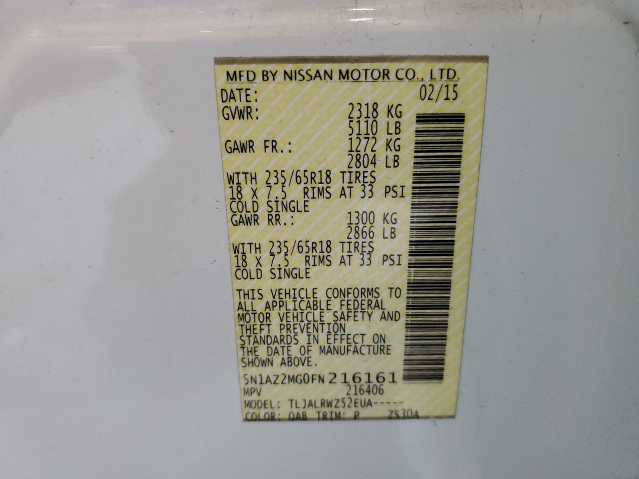 2015 Nissan Murano VIN 5N1AZ2MG0FN216161 Copart auction photo, front end / side damage thumbnail 16