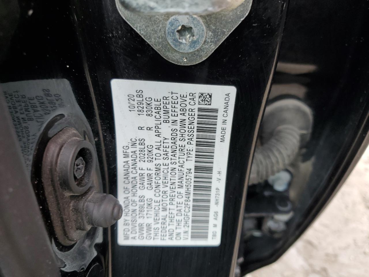 2021 Honda Civic VIN 2HGFC2F84MH505794 Copart auction photo, water/flood damage thumbnail 13