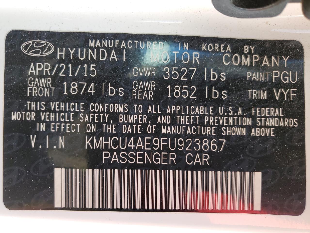 2015 Hyundai Accent VIN KMHCU4AE9FU923867 Copart auction photo, rear end / front end damage thumbnail 14