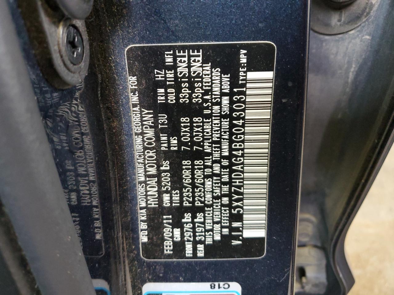 2011 Hyundai Santa Fe VIN 5XYZHDAG4BG043031 Copart auction photo, front end damage thumbnail 13