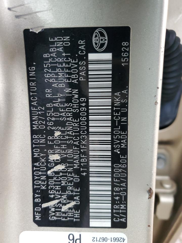 2012 Toyota Camry VIN 4T1BF1FK3CU060949 Copart auction photo, front end damage thumbnail 14