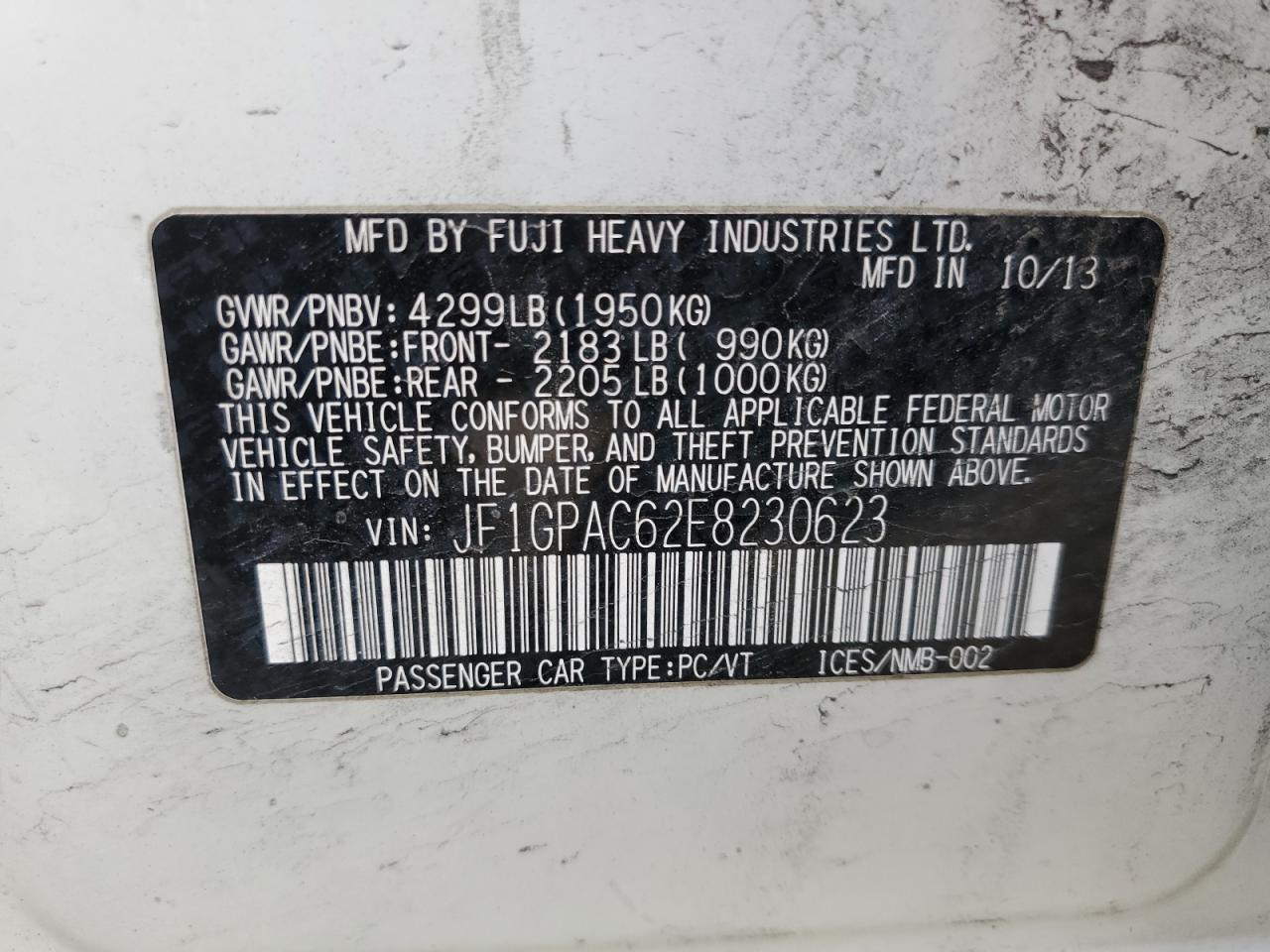 2014 Subaru Impreza VIN JF1GPAC62E8230623 Copart auction photo, front end damage thumbnail 12