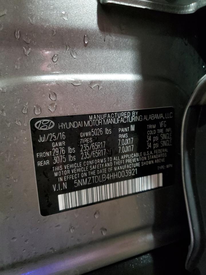 2017 Hyundai Santa Fe VIN 5NMZTDLB4HH003921 Copart auction photo, rear end damage thumbnail 13