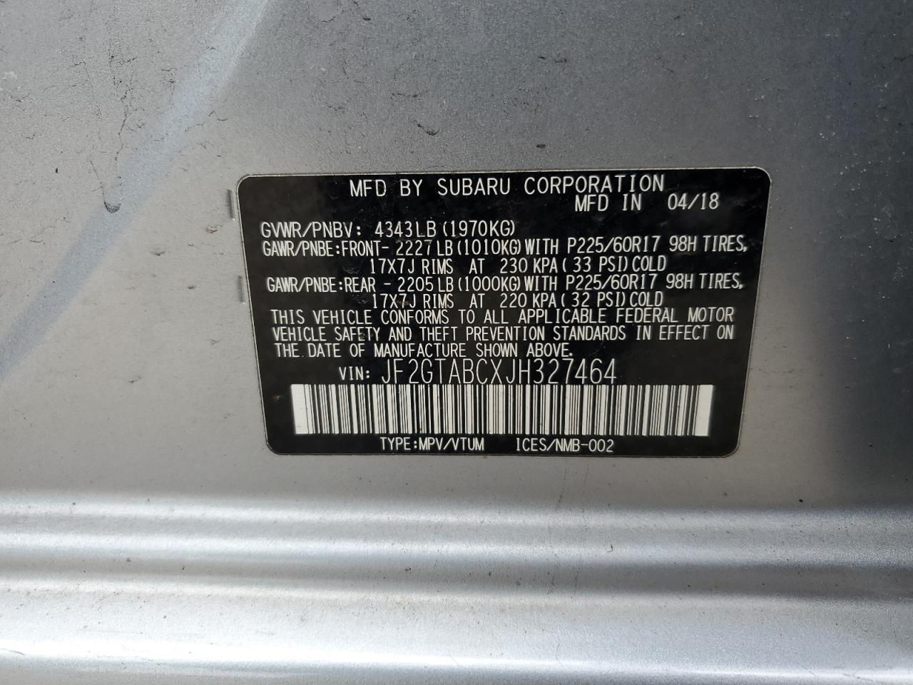 2018 Subaru XV VIN JF2GTABCXJH327464 Copart auction photo, front end damage thumbnail 13