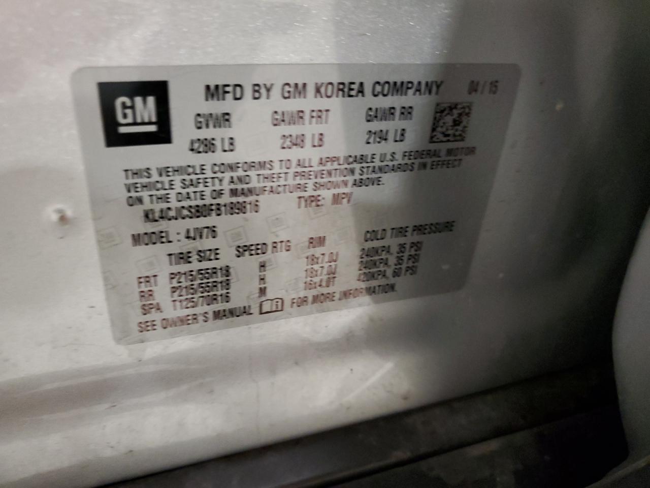2015 Buick Encore VIN KL4CJCSB0FB189816 Copart auction photo, front end / minor dent/scratches damage thumbnail 13