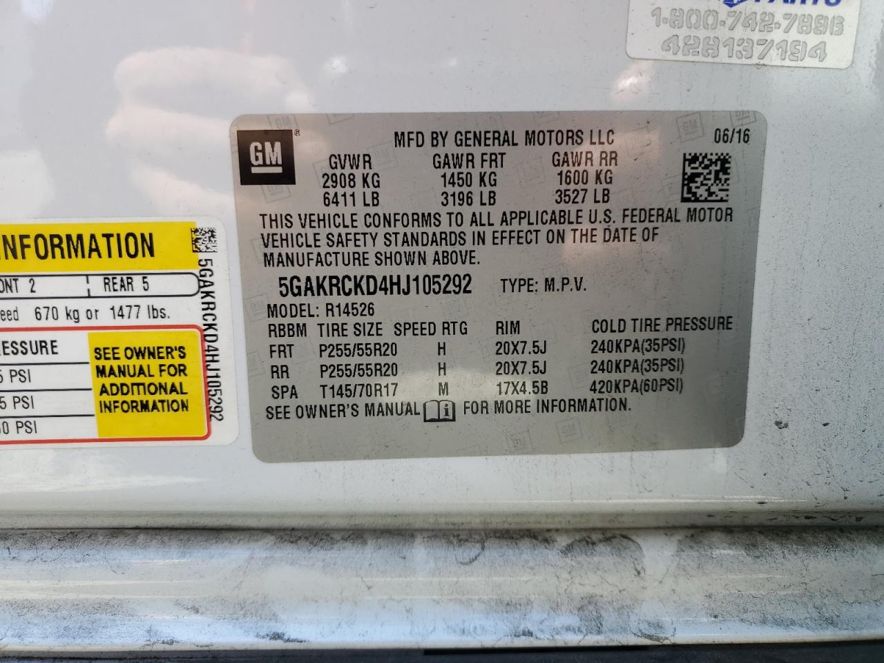 2017 Buick Enclave VIN 5GAKRCKD4HJ105292 Copart auction photo, front end damage thumbnail 14