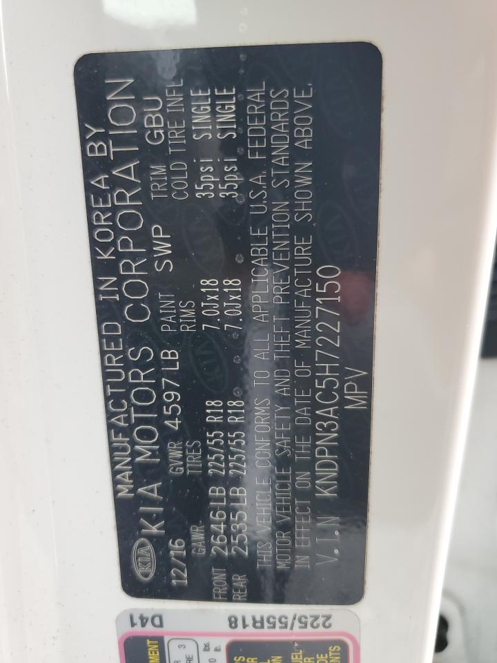 2017 KIA Sportage VIN KNDPN3AC5H7227150 Copart auction photo, water/flood damage thumbnail 14
