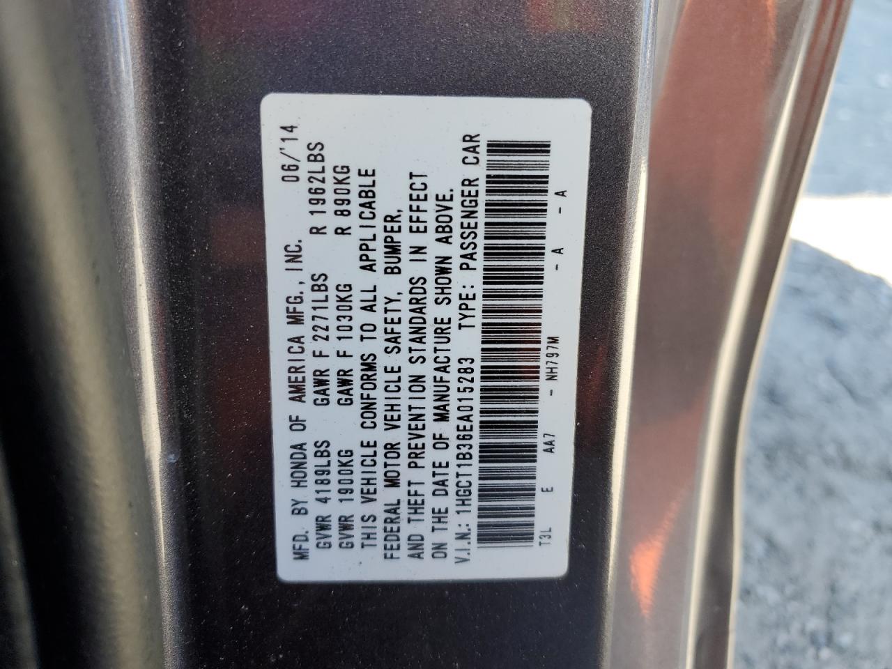 2014 Honda Accord VIN 1HGCT1B36EA015283 Copart auction photo, rear end damage thumbnail 15