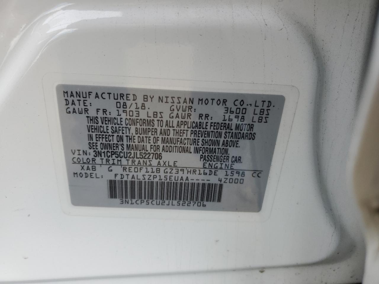 2018 Nissan Kicks VIN 3N1CP5CU2JL522706 Copart auction photo, rear end damage thumbnail 14