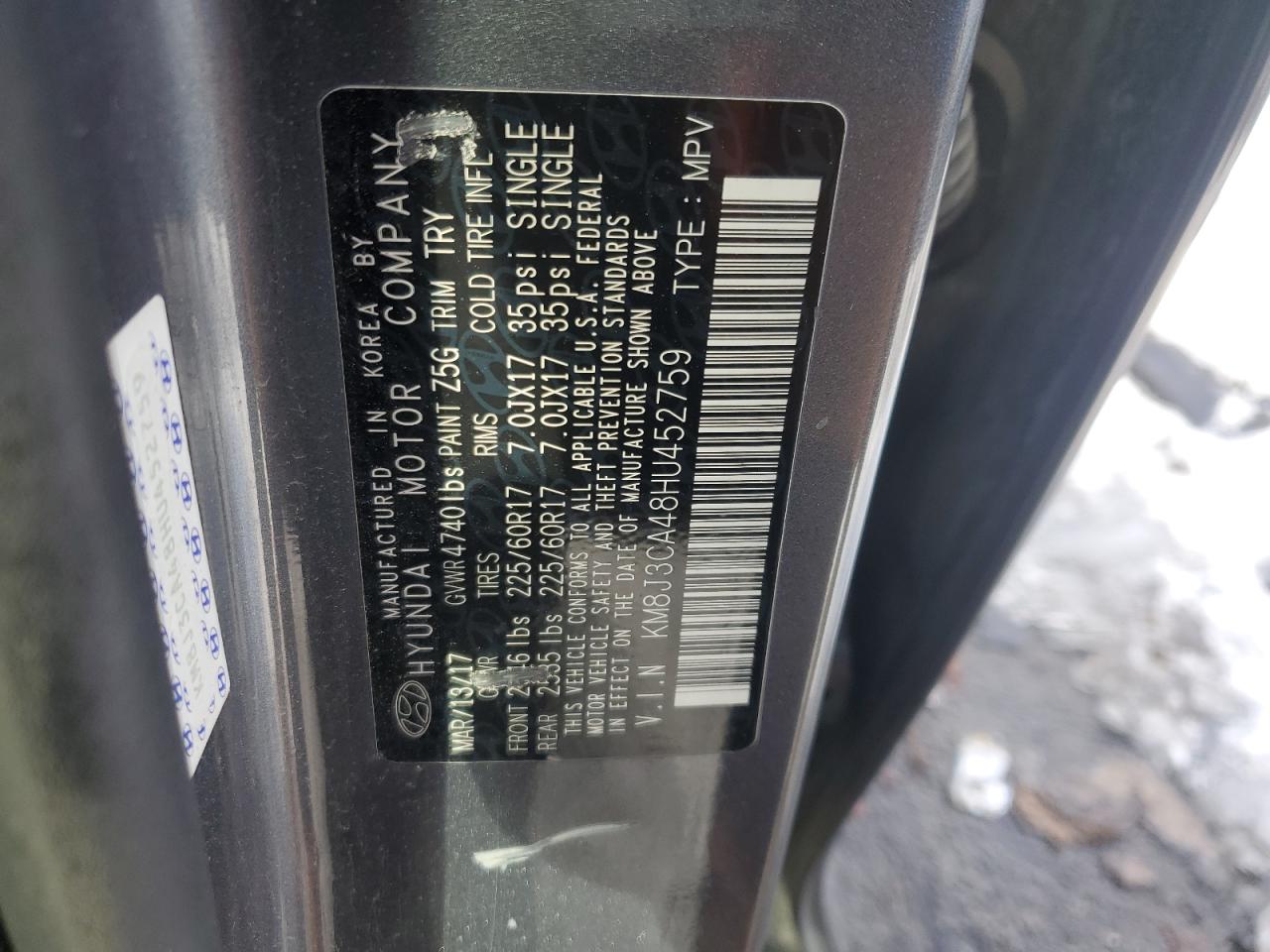 2017 Hyundai Tucson VIN KM8J3CA48HU452759 Copart auction photo, front end / side damage thumbnail 13