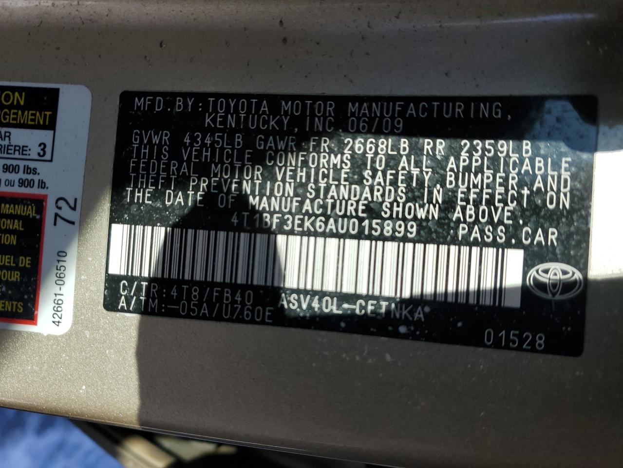 2010 Toyota Camry VIN 4T1BF3EK6AU015899 Copart auction photo, front end / rear end damage thumbnail 13
