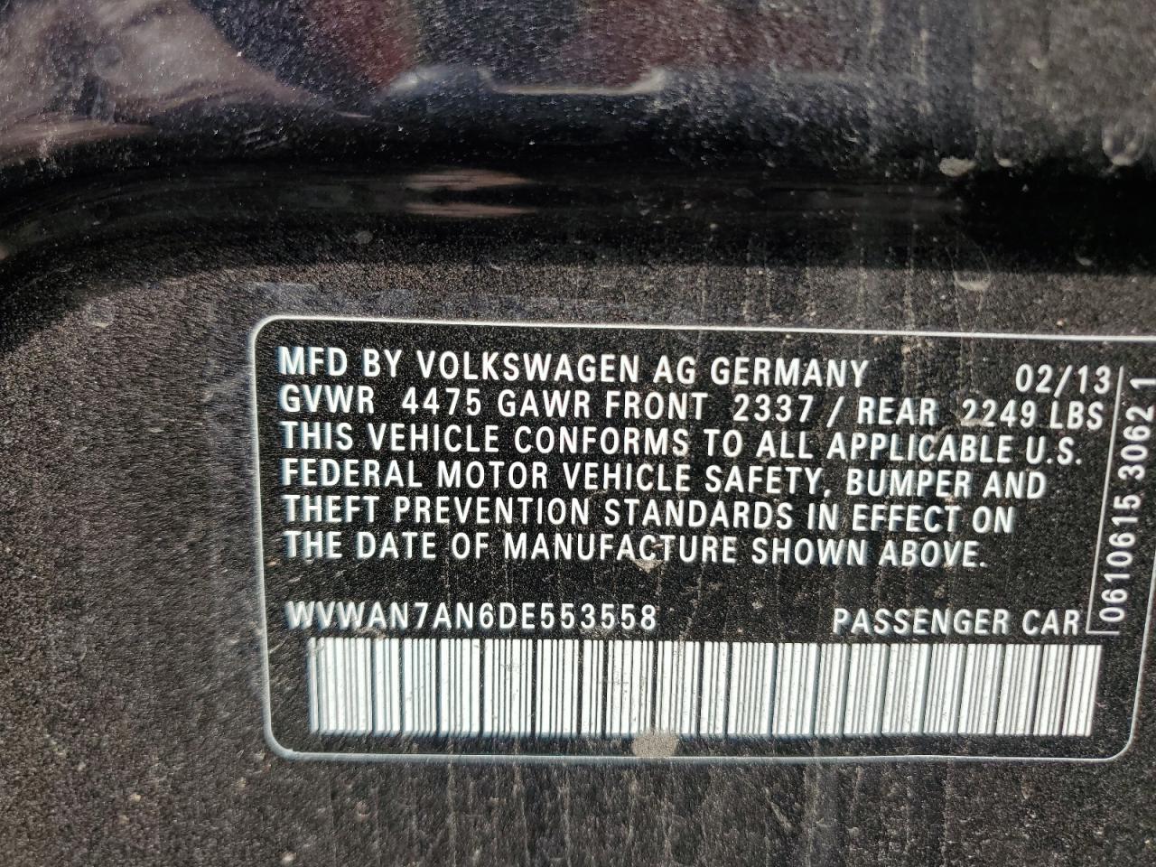 2013 Volkswagen Passat CC VIN WVWAN7AN6DE553558 Copart auction photo, front end damage thumbnail 12