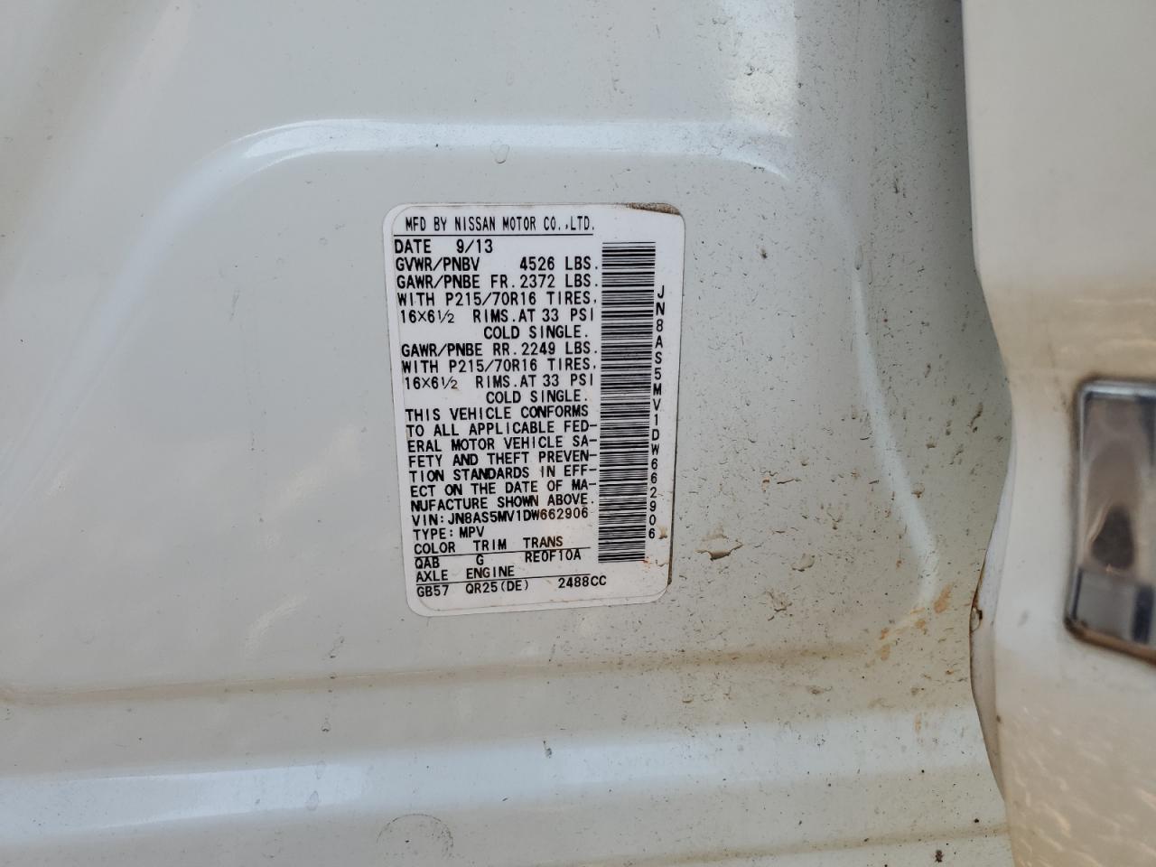 2013 Nissan Rogue VIN JN8AS5MV1DW662906 Copart auction photo, mechanical / minor dent/scratches damage thumbnail 13