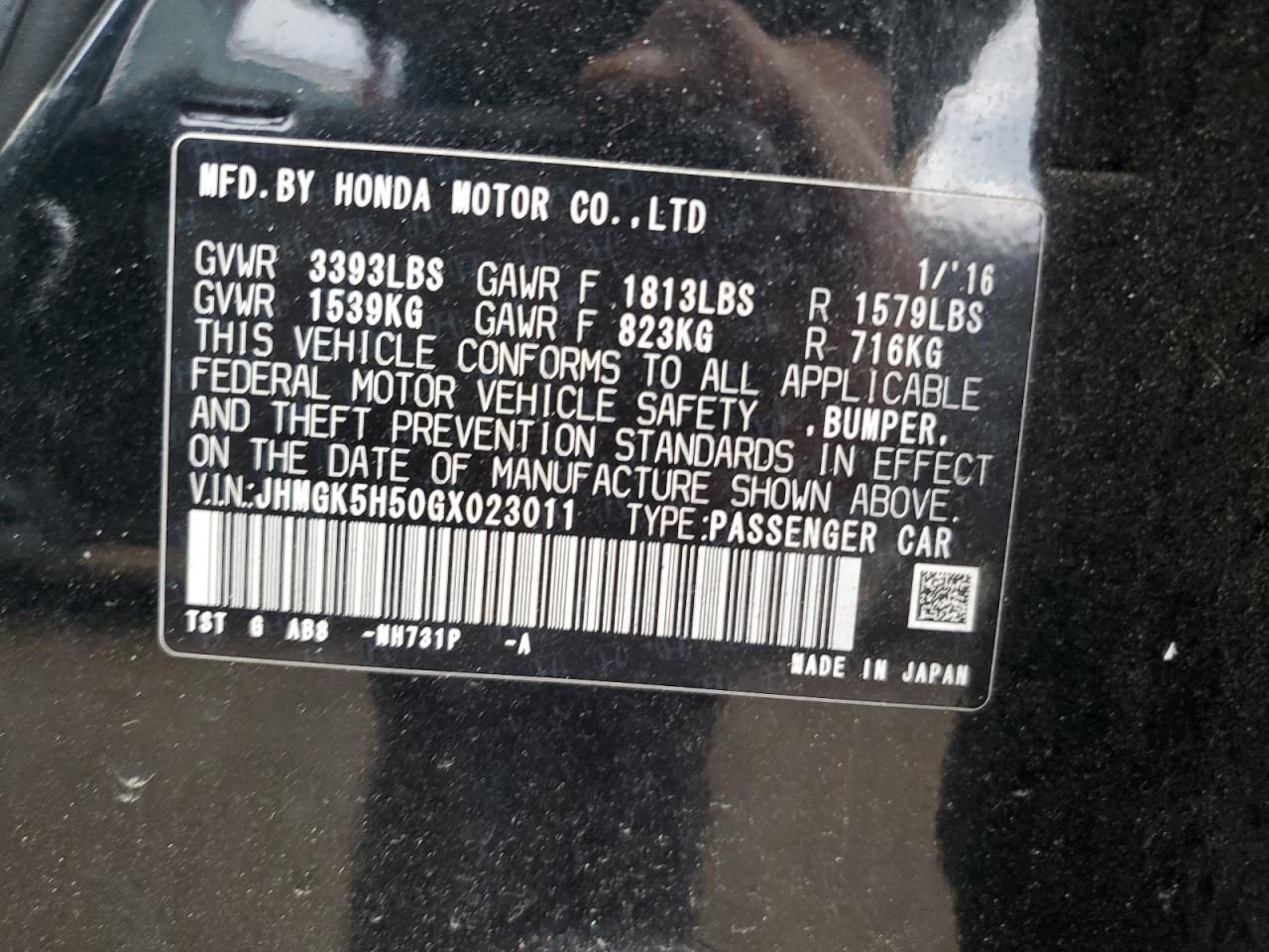 2016 Honda Fit VIN JHMGK5H50GX023011 Copart auction photo, top/roof / minor dent/scratches damage thumbnail 12