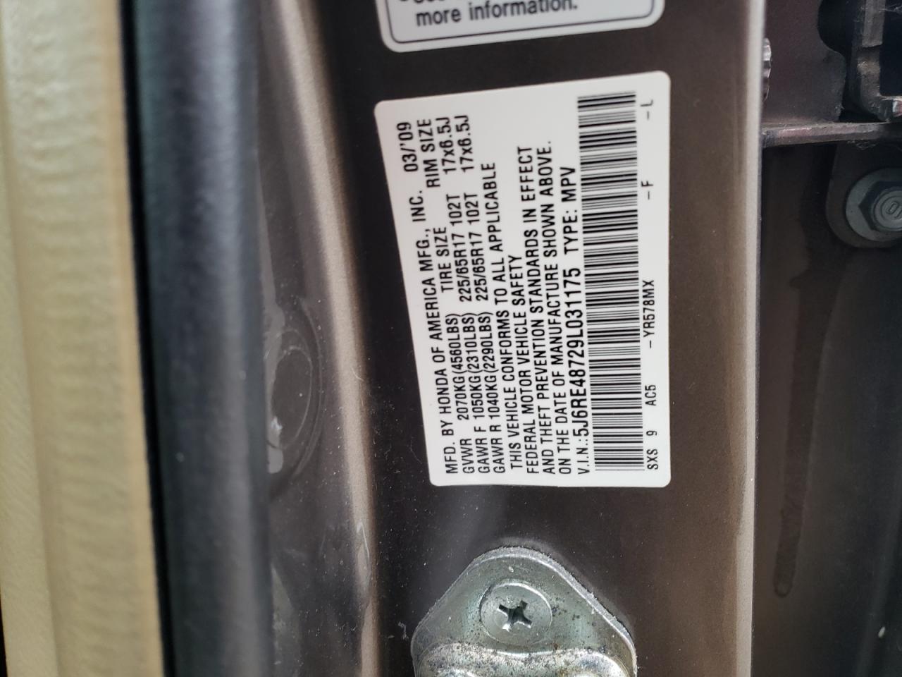 2009 Honda CR-V VIN 5J6RE48729L031175 Copart auction photo, side damage thumbnail 14