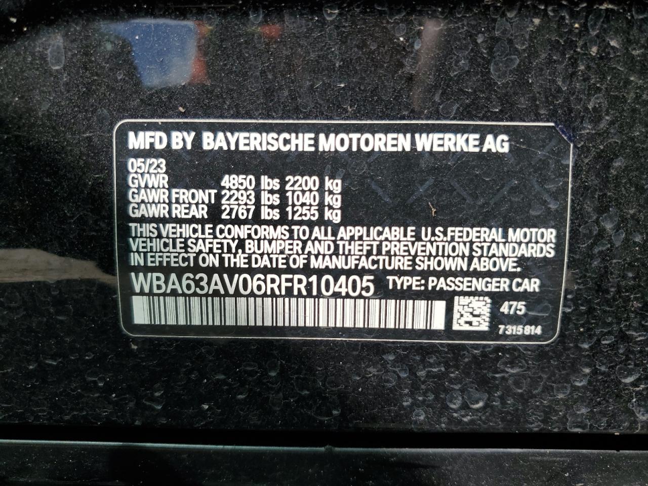 2024 BMW 4er VIN WBA63AV06RFR10405 Copart auction photo, front end damage thumbnail 13